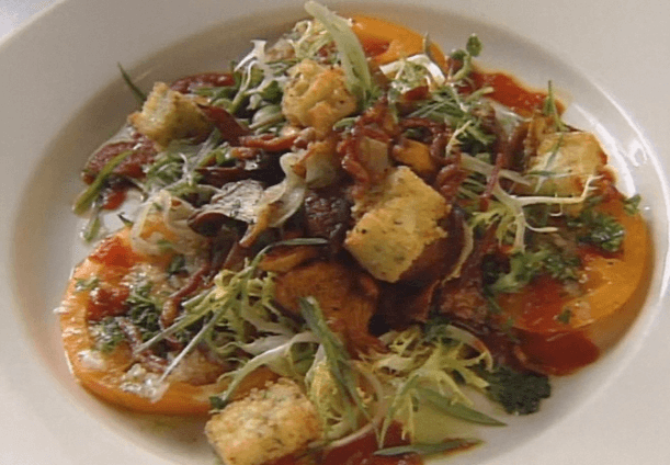 Wild and Exotic Mushroom Salad on Marinated Tomatoes with Warm Sherry-Bacon Vinaigrette ►