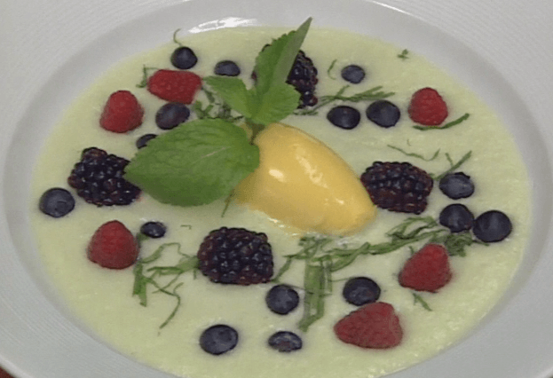 Minted Melon Soup with Raspberries ►