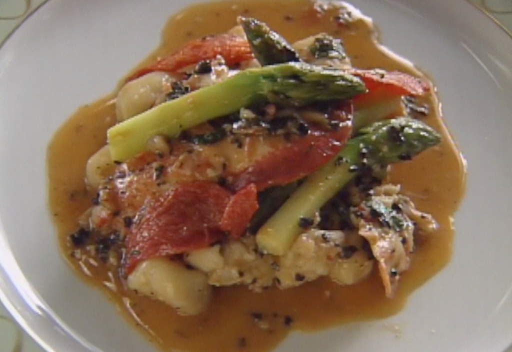 Braised Lobster with Potato Gnocchi, Asparagus and Black Truffles, and Oven-dried Tomatoes ►