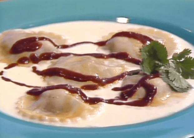 Corn Ravioli with Cinnamon-flavored Chorizo and Goat Cheese Sauce ►