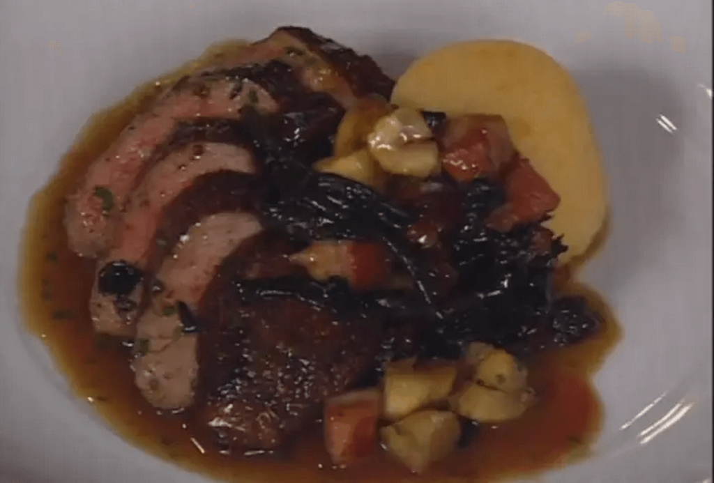 Spice-rubbed Antelope Loin with Chestnuts, Bacon, and Sour Cherries