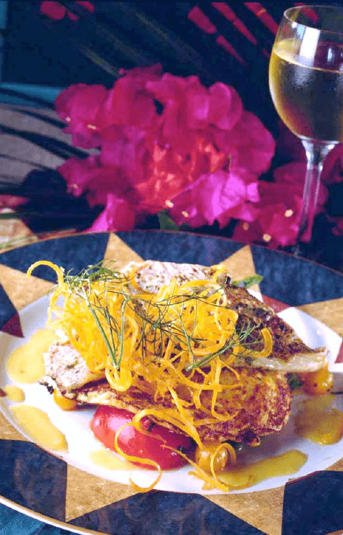 Grilled Red Snapper with Conch and Corn Pancake and Tamarind-Pineapple Vinaigrette