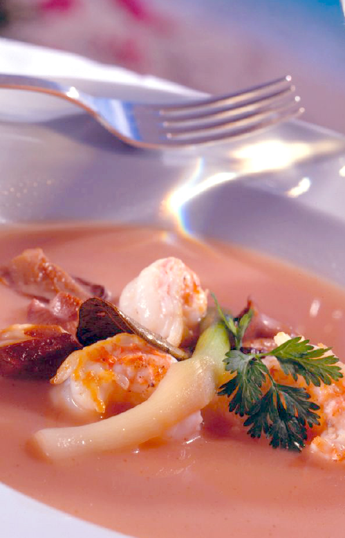 Langoustine Court Bouillon with Wild Mushrooms, Leeks, and Citronella