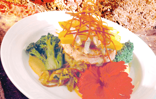 Salmon Tournedos With Mango, Brie Cheese and a Roasted Tomato Veloute