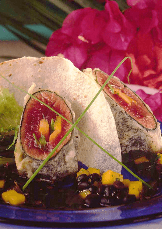 Ahi Tuna Tempura, Grilled Rice Paper, and Mango-Black Bean Dressing