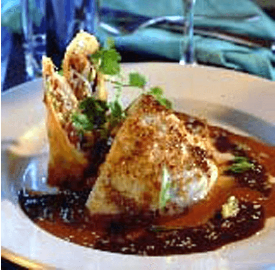 Macadamia Nut-crusted Hawaiian Shutome and Vegetable Lumpia with Black Bean and Orange Shrimp Butter Sauces