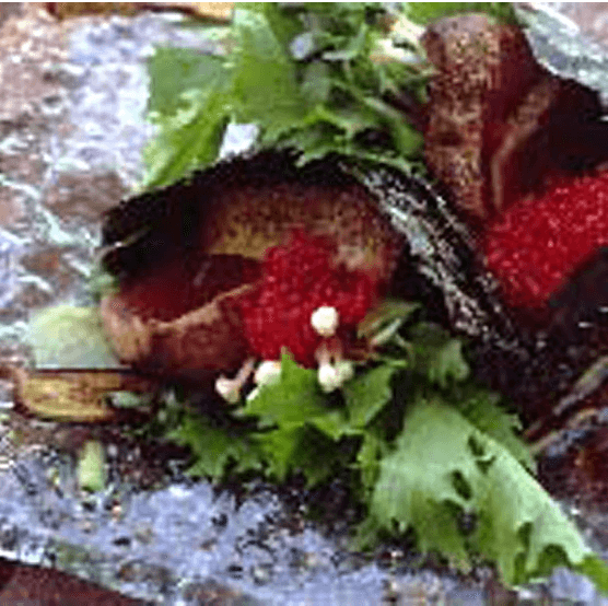 Nori-wrapped Peppercorn-crusted Tuna with Mizuna, Enoki, and Wasabi
