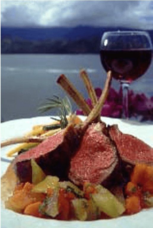 Roasted Rack of Lamb with Macadamia Honey, Minted Papaya and Star Fruit Salsa, and Cabernet Sauce