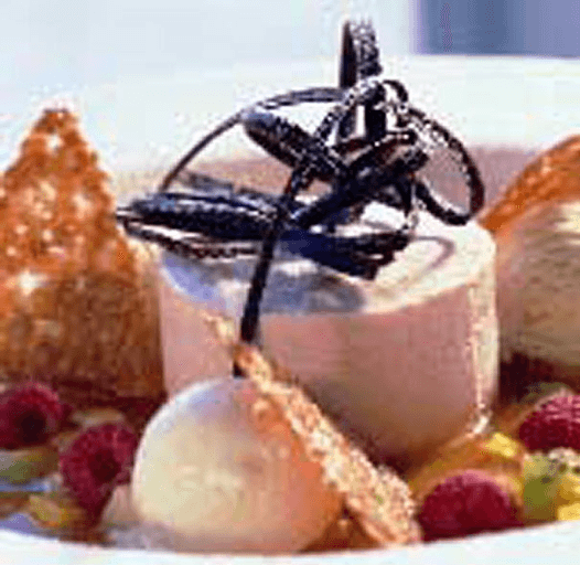 Guava Mousse in a Tropical Fruit Soup with Mascarpone Ice Cream