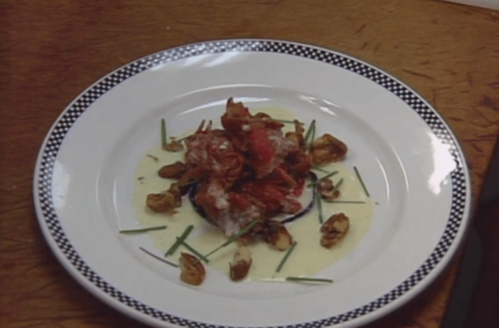 Pan-fried Soft-shell Crawfish and Eggplant with Caramelized Nuts and Lemon Butter Sauce
