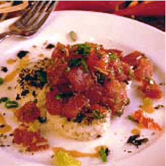 Spicy Island Ahi Poke with Tobiko Caviar on Furikaki Rice Cake