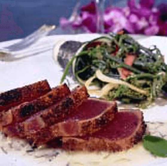 Seared Spicy Ahi with Ogo-Wasabi Sauce and Fiddlehead Fern Salad