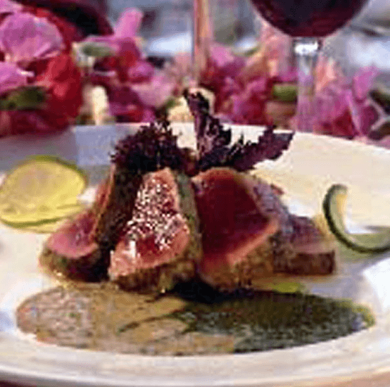 Seared Smoked Ahi with Lychee Salsa and Ogo-Wasabi Sauce