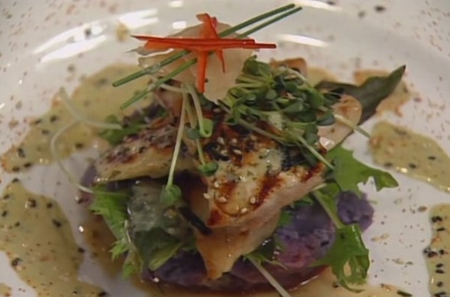 Grilled Kajiki and Okinawan Sweet Potatoes with  Peppercorn-Wasabi Vinaigrette