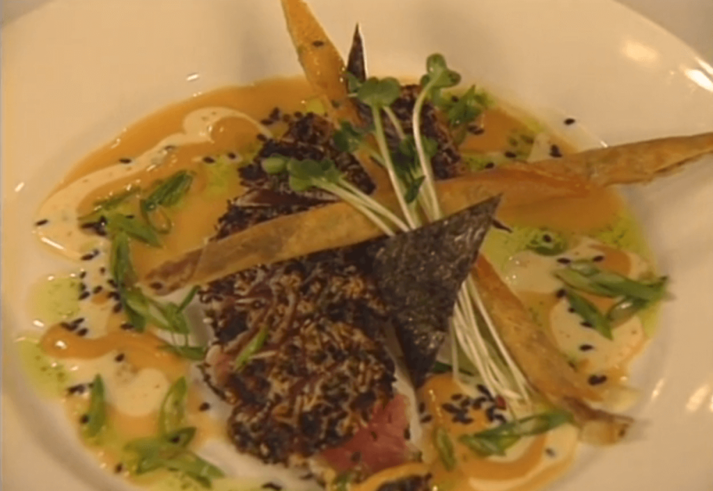 Nori-seared Ahi with Citrus-Garlic Miso Sauce and Shiitake “Chopsticks”