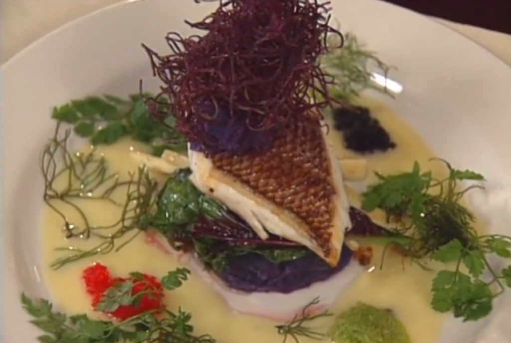 Wok-seared Opakapaka with Amaranth, Hearts of Palm, and Okinawan Sweet Potatoes