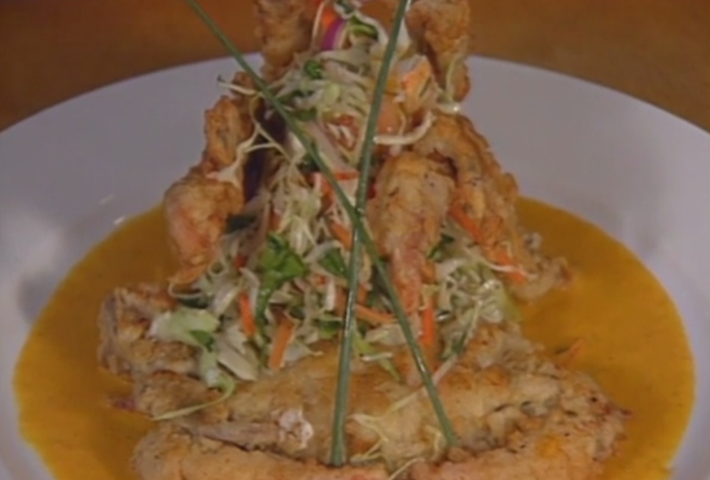 Pan-fried Soft-shell Crabs with Lobster Slaw and Yellow Tomato Vinaigrette