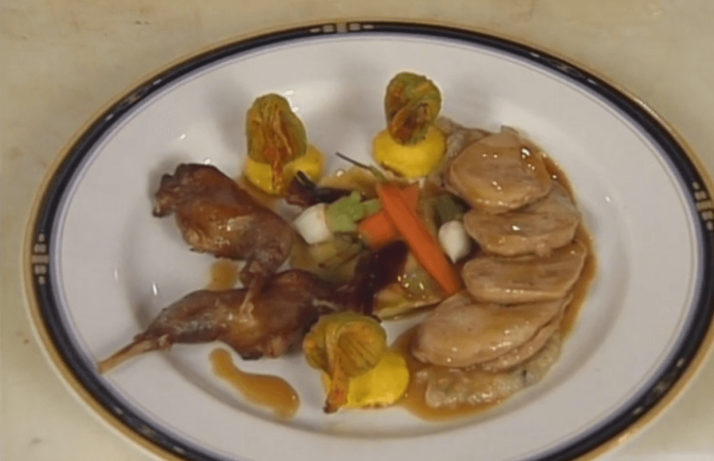 Seared Red-leg Partridge with Ravioli of Foie Gras, Truffled Grits, and Sweetbreads in Truffle Jus