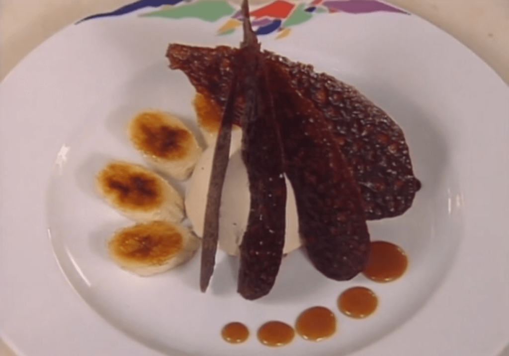 Caramel Mousse with Compote of Bananas Foster with Peanut Butter-Cocoa Krispy Chocolate Crust