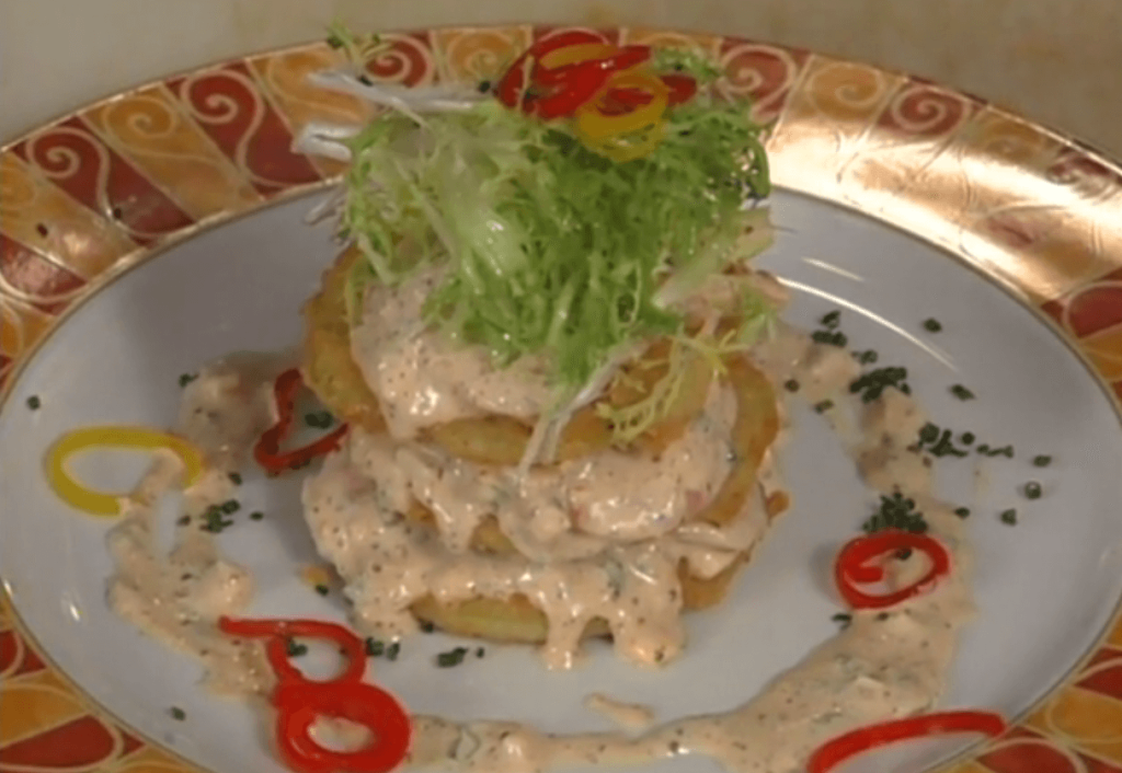 Crispy Mirliton and Spicy Shrimp Napoleon with Tomato Remoulade