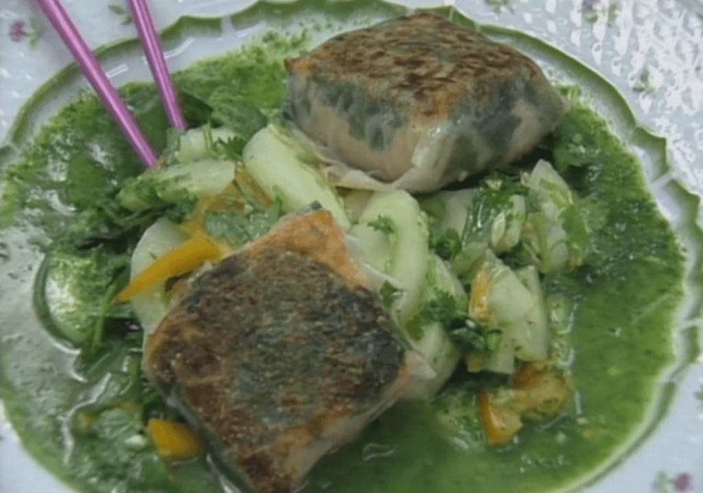 Rice Paper-wrapped Salmon with Tomato-Cucumber Salad and Coriander Broth
