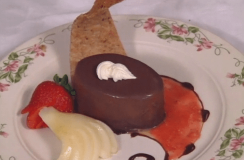 Praline Pear Fromage with Spicy Strawberry Coulis