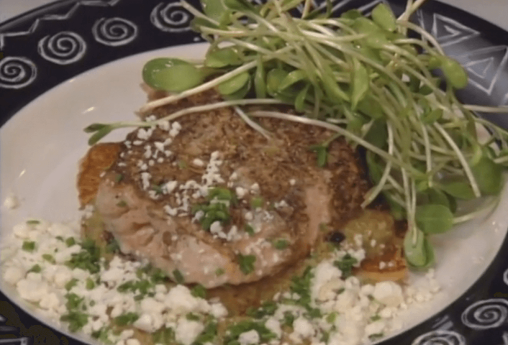 Sunflower Seed-crusted Salmon Fillet on Enchilada with Mole Aji Amarillo