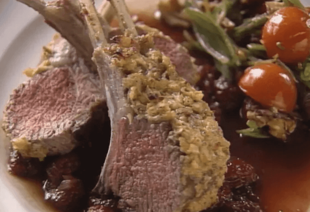 Rack of Lamb Crusted with Hazelnuts and Dijon Mustard with Framboise Demi-Glace