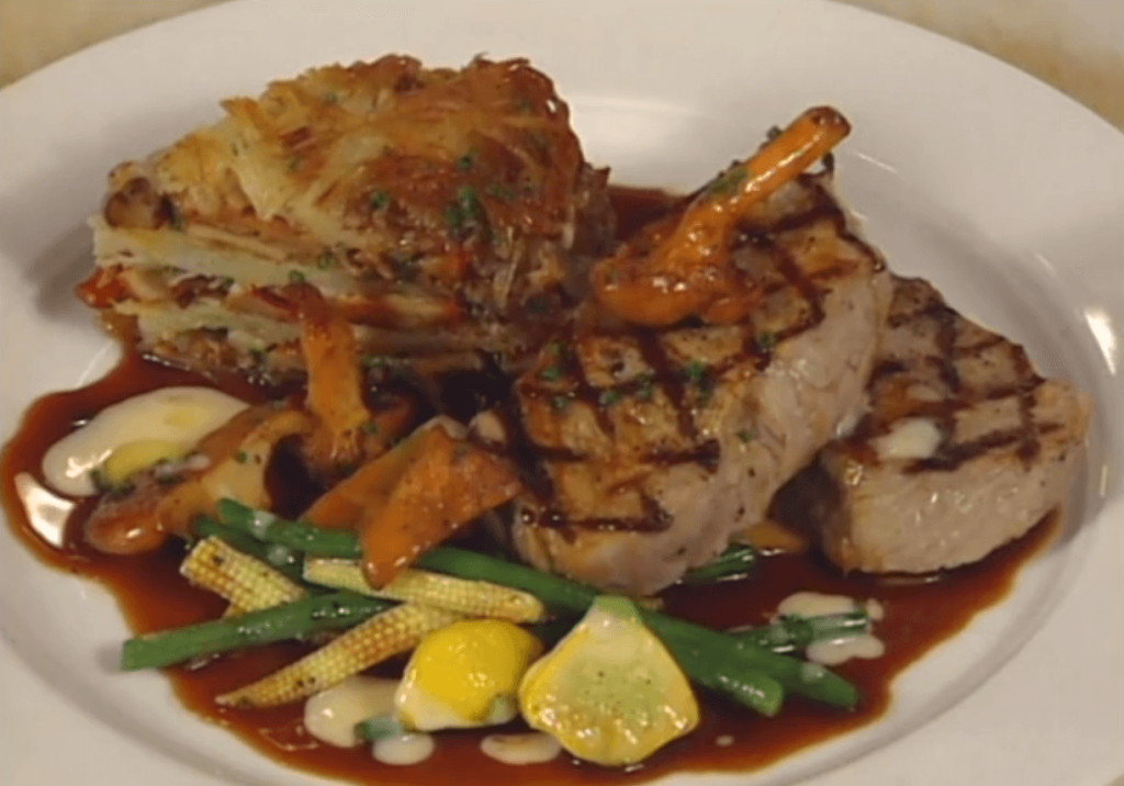 Grilled Veal Loin Medallions with Chanterelle and Lobster Mushroom Potato Galette and Calvados Veal Reduction