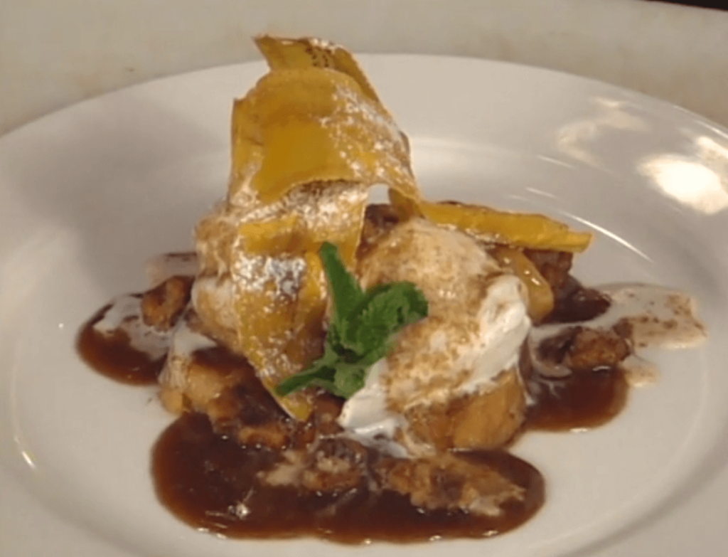 Bananas Foster French Toast with Crisp Plantains and Spicy Candied Walnuts