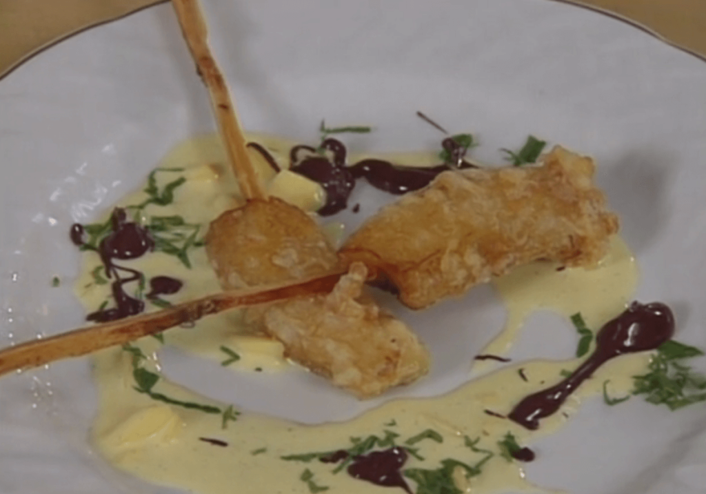 Sugar Cane Banana Fritters with Mango Crème Anglaise
