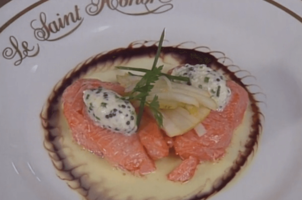 Smoked Salmon with Lemon-Butter Sauce, Pears, and Cold Cream of Caviar