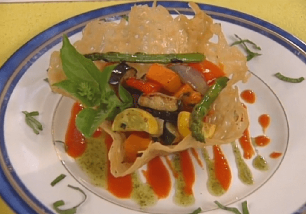 Parmesan Basket with Polenta and Roasted Vegetables