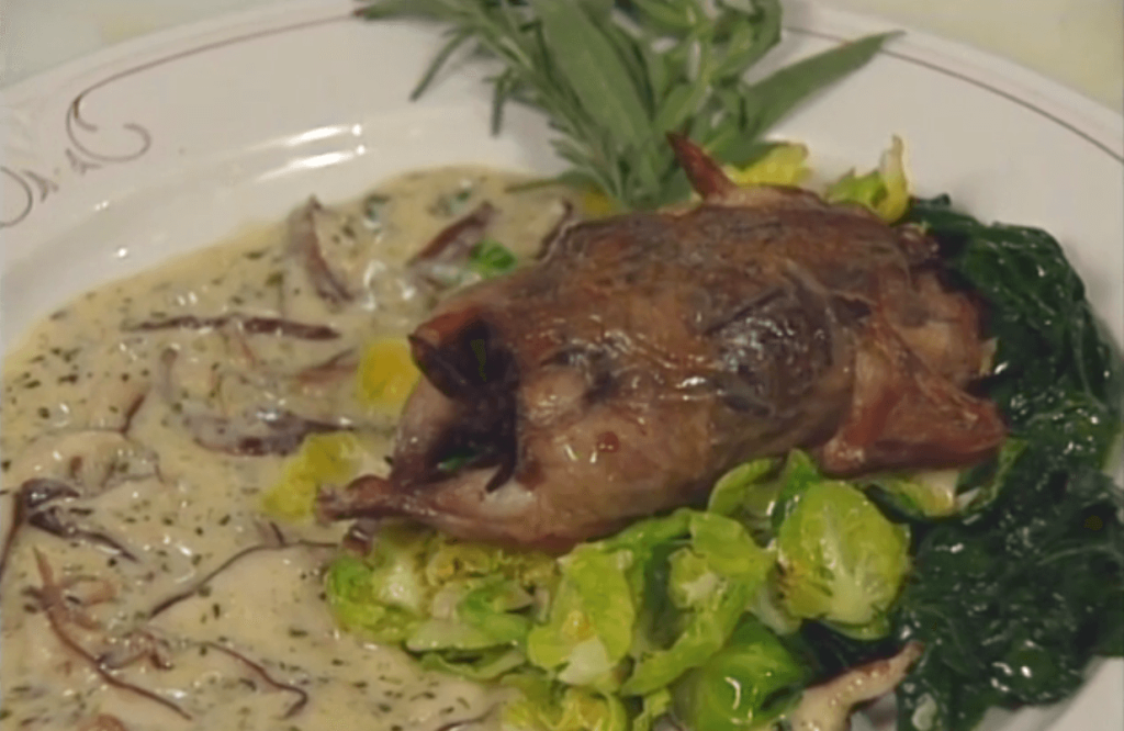 Wild Rice-stuffed Quail with Shiitake, Brussels Sprouts, Spinach, and Herbs