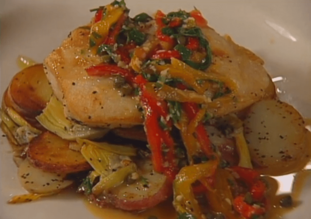 Sautéed Halibut Cheeks on Fried Potatoes and Artichokes