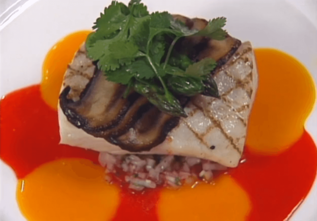 Grilled Halibut and Portobello Mushrooms with Vidalia Onion Relish