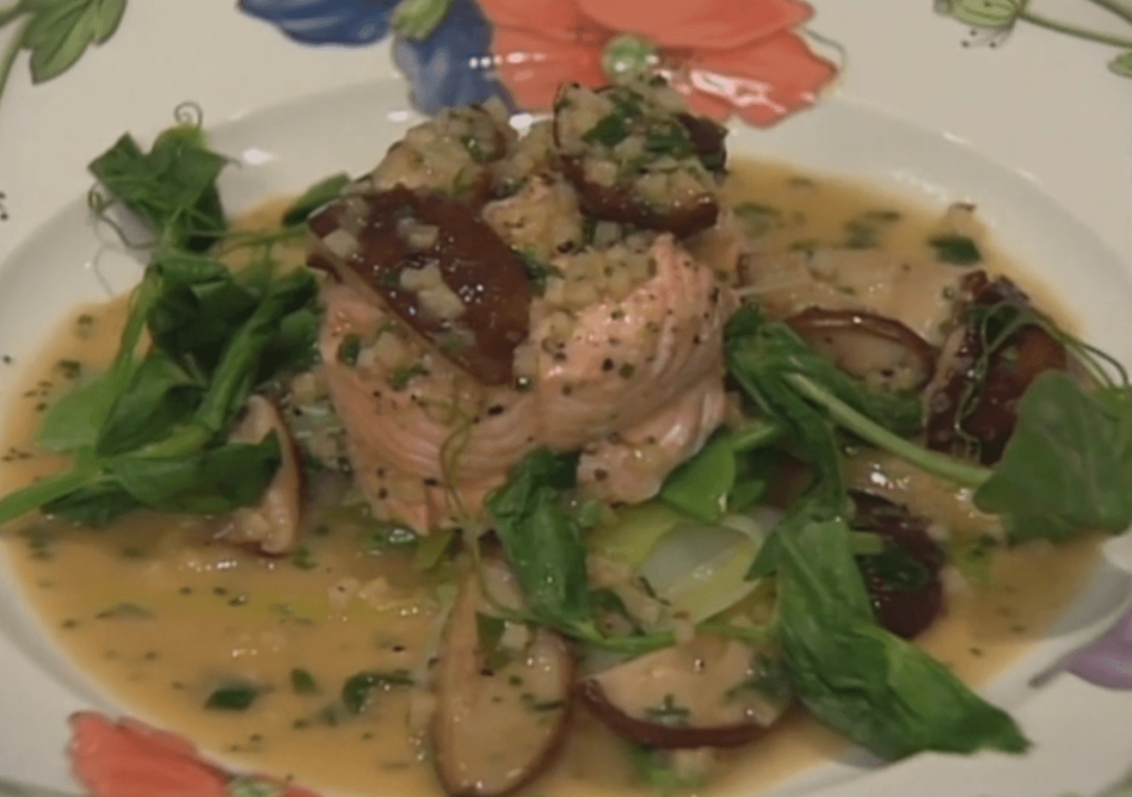 Salmon in Gingered Lemongrass Broth with Snow Peas and Shiitake Mushrooms