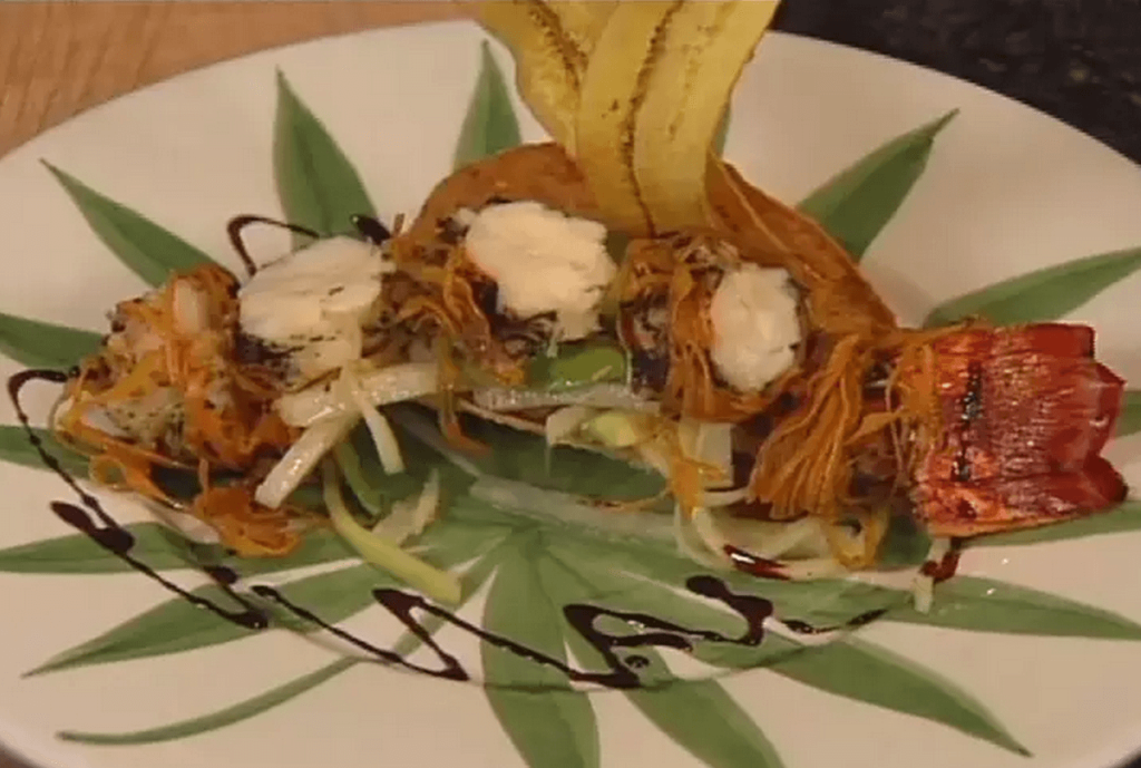 Sweet Potato-wrapped Spiny Lobster Tail with Avocado and Green Papaya Roti Taco and Beetroot Syrup