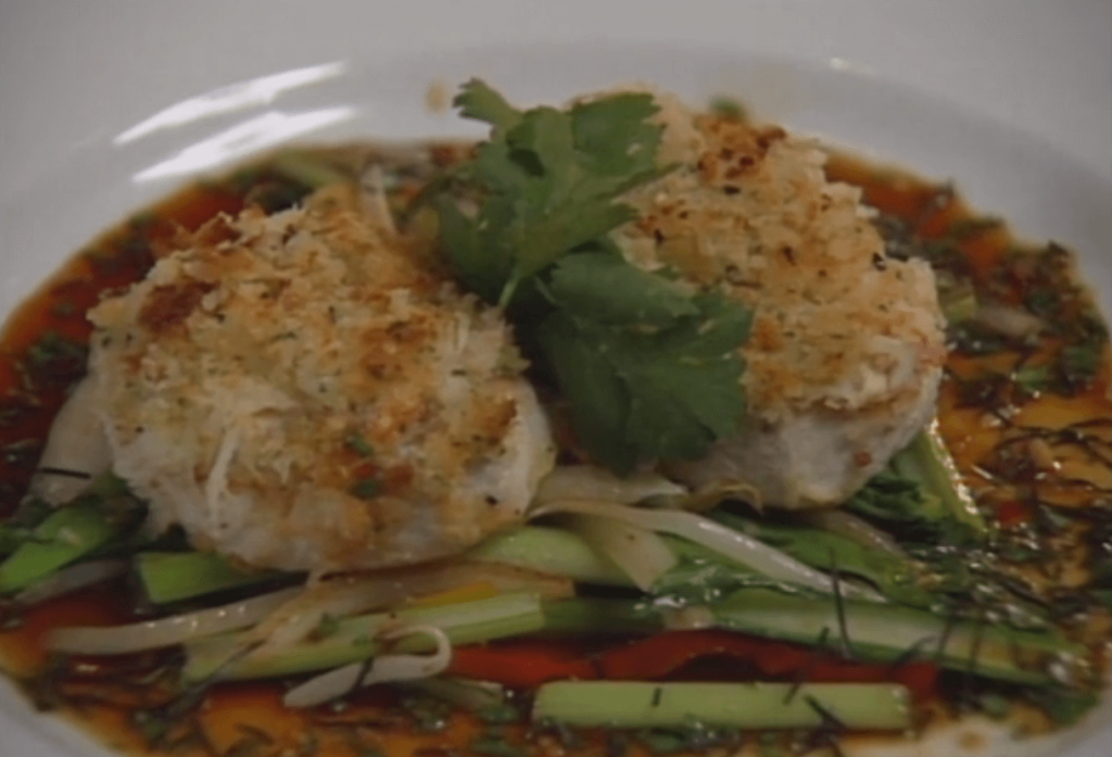 Swordfish with a Crabmeat-Sesame Crust and Stir-fried Vegetables with Mirin-Cilantro Vinaigrette