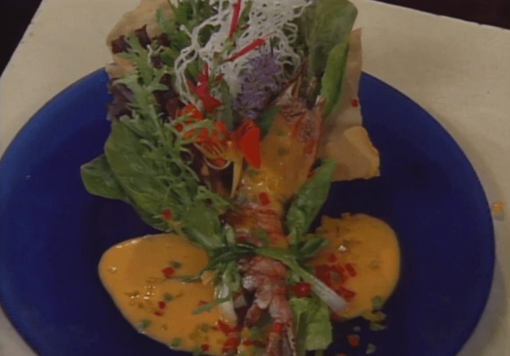 Grilled Kauai Prawns and Bean Thread Noodles with a Strawberry-Papaya Vinaigrette