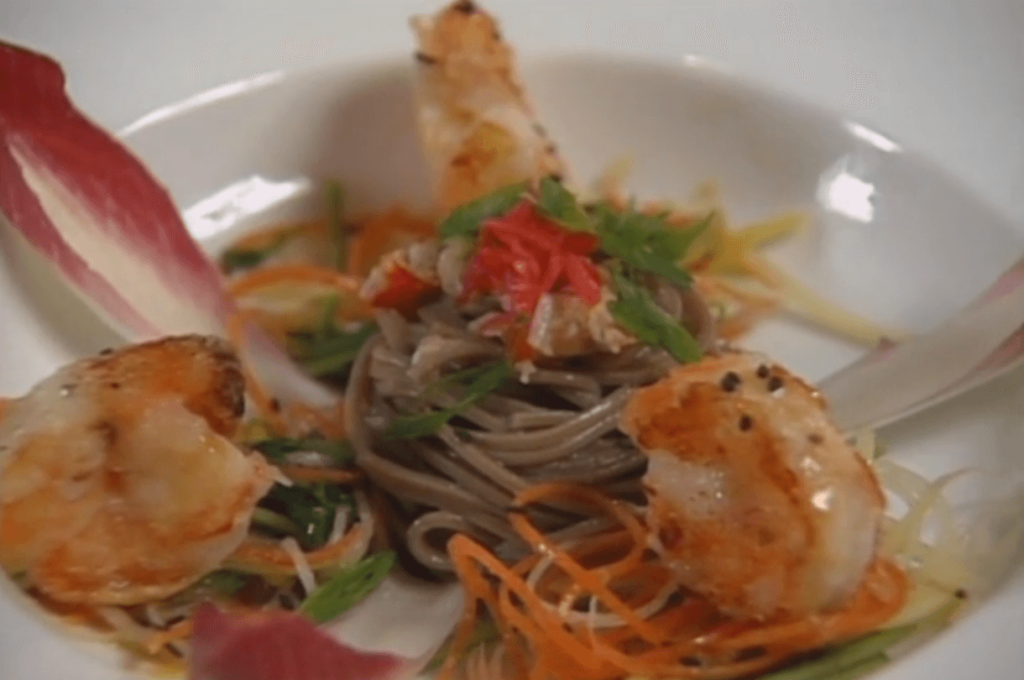 Seared Pacific Shrimp with Soba Noodles, Crab Meat, Asian Vegetables, and Garlic-Miso Dressing