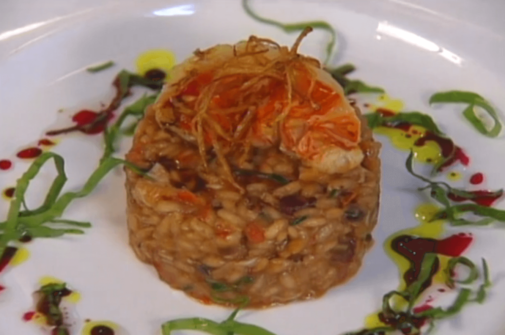 Barbuda Langouste Risotto with Sun-dried Tomatoes and Beet and Curry Oils