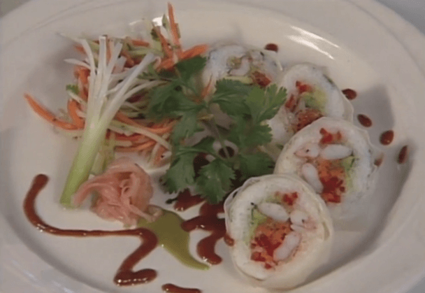 Grilled Shrimp in Rice Paper with Avocado and Asian Broccoli Slaw