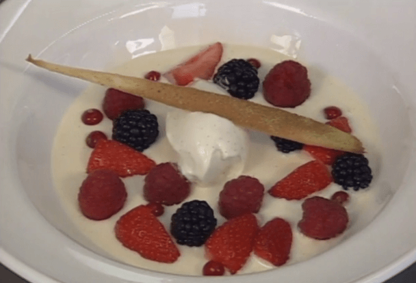 Cold Dutch Juniper Cream with Red Fruits and Vanilla Ice Cream