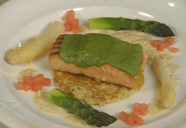 Pan-seared Salmon with Herb Crust and Porridge Pancake