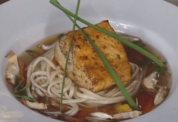 Thai-barbecued Lacquered Wahoo Over a Lemongrass-Ginger Broth on Udon Noodles