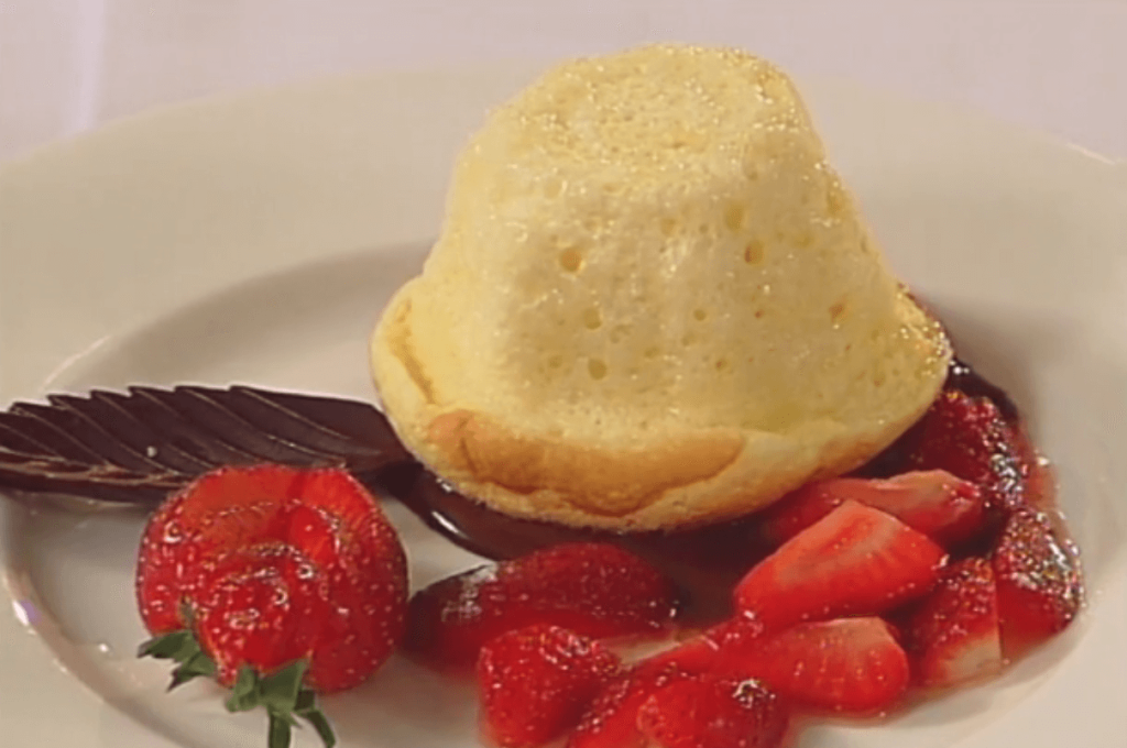 Sour Cream Soufflé with Chocolate Sauce and Strawberries