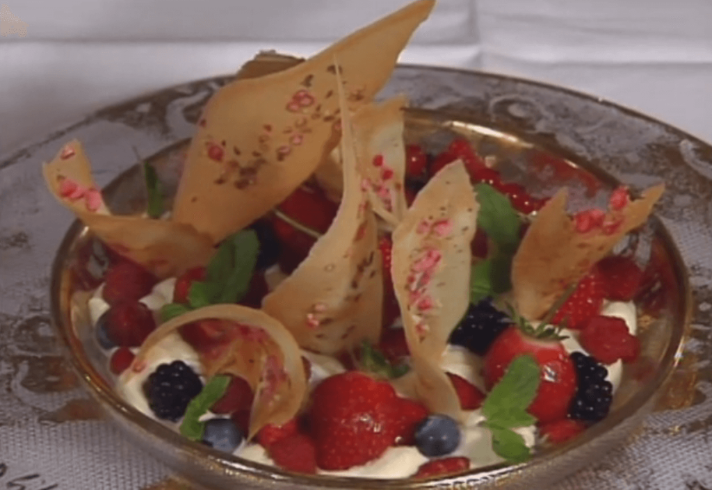 Fresh Berries in Pastry Cream with Pink Praline Tuiles