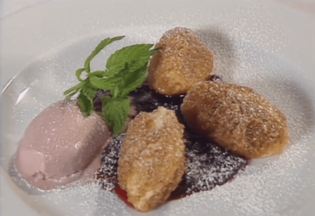 Sweet Cheese Quenelles with Stewed Plums and Port Wine Sorbet