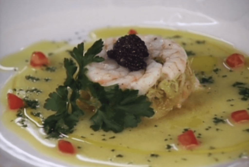 Shrimp Cake with Braised Leeks, Flounder Sauce, and Sevruga Caviar
